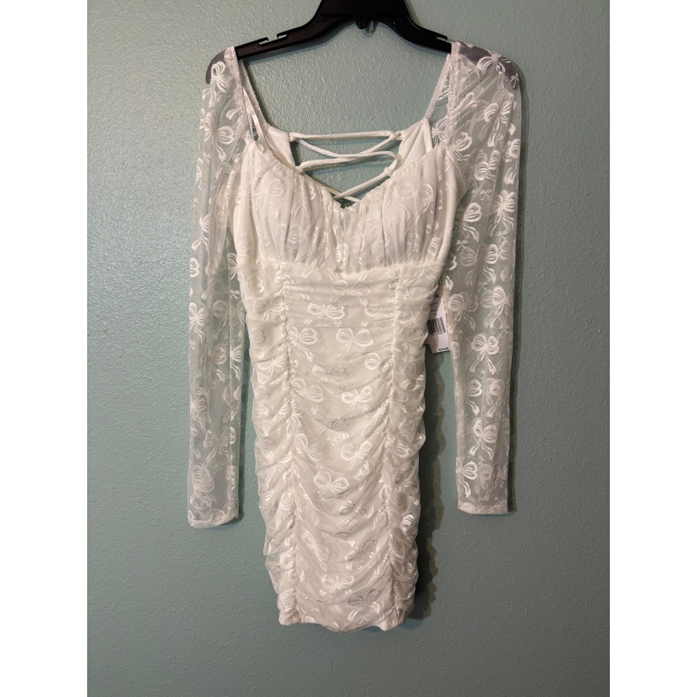 City Vibe White Lace Bow Ruched Bodycon Mini Dress Lace Up Back XL‎ NWT